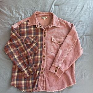 Peach Love California Pink Plaid Corduroy Shirt jacket small preppy